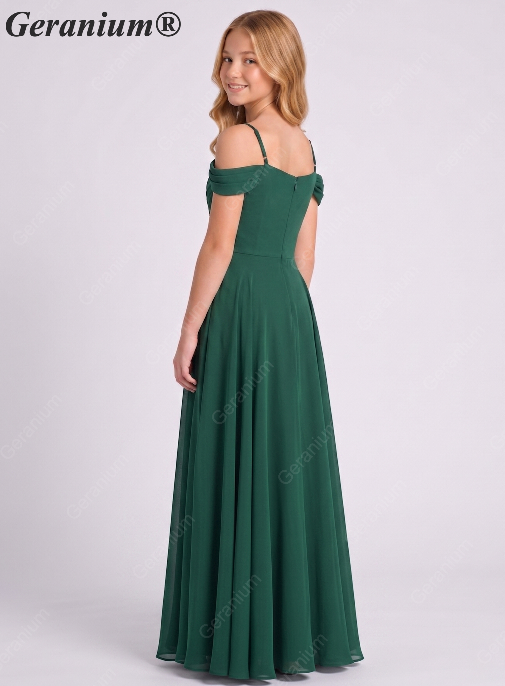 Geranium Dark Green Off Shoulder Chiffon Teen Bridesmaid Dress with Pleated Bodice – KD-307 Secondary image