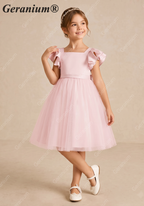 Geranium Girls Pink Ruffle Sleeve Satin Tulle Tutu Dress - Flower Girl Gown with Oversized Bow KD-219