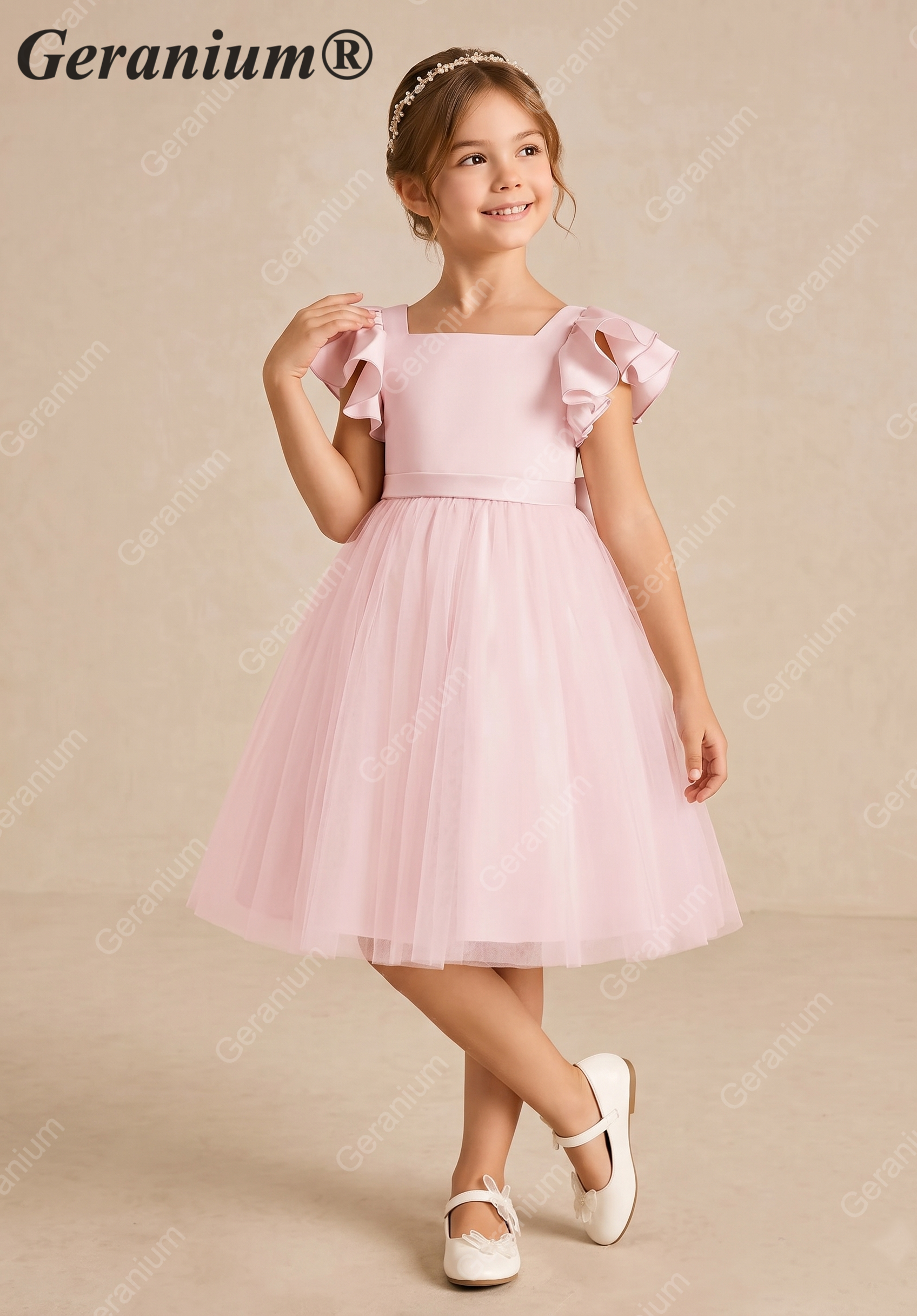 Geranium Girls Pink Ruffle Sleeve Satin Tulle Tutu Dress - Flower Girl Gown with Oversized Bow KD-219
