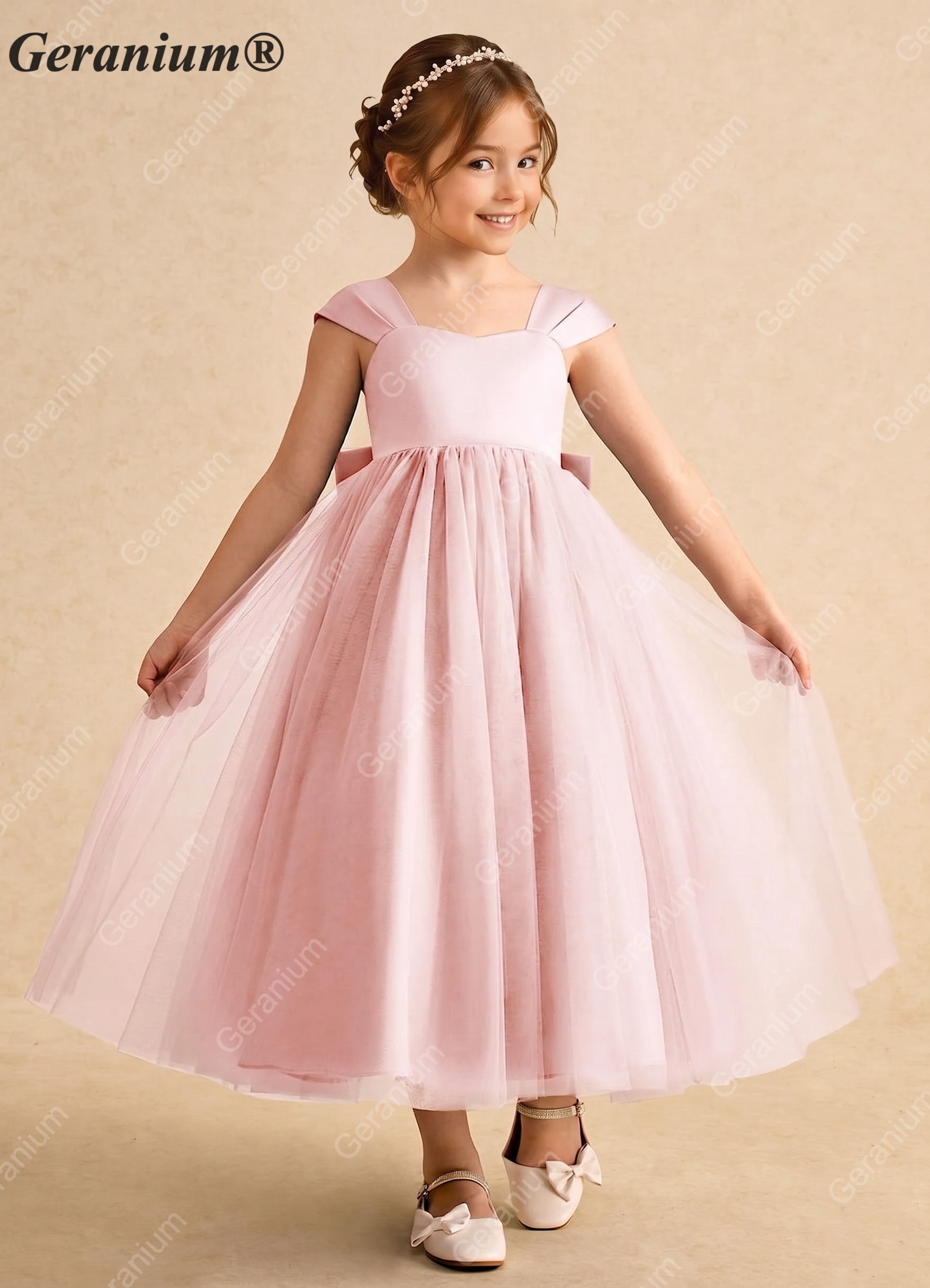 Geranium Elegant Backless Flower Girl Dress with Oversized Detachable Bow - Satin & Tulle Princess Gown KD-184
