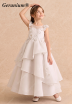 Geranium Luxury 3D Floral Applique Asymmetric Layered Flower Girl Dress with Oversized Back Bow KD-245