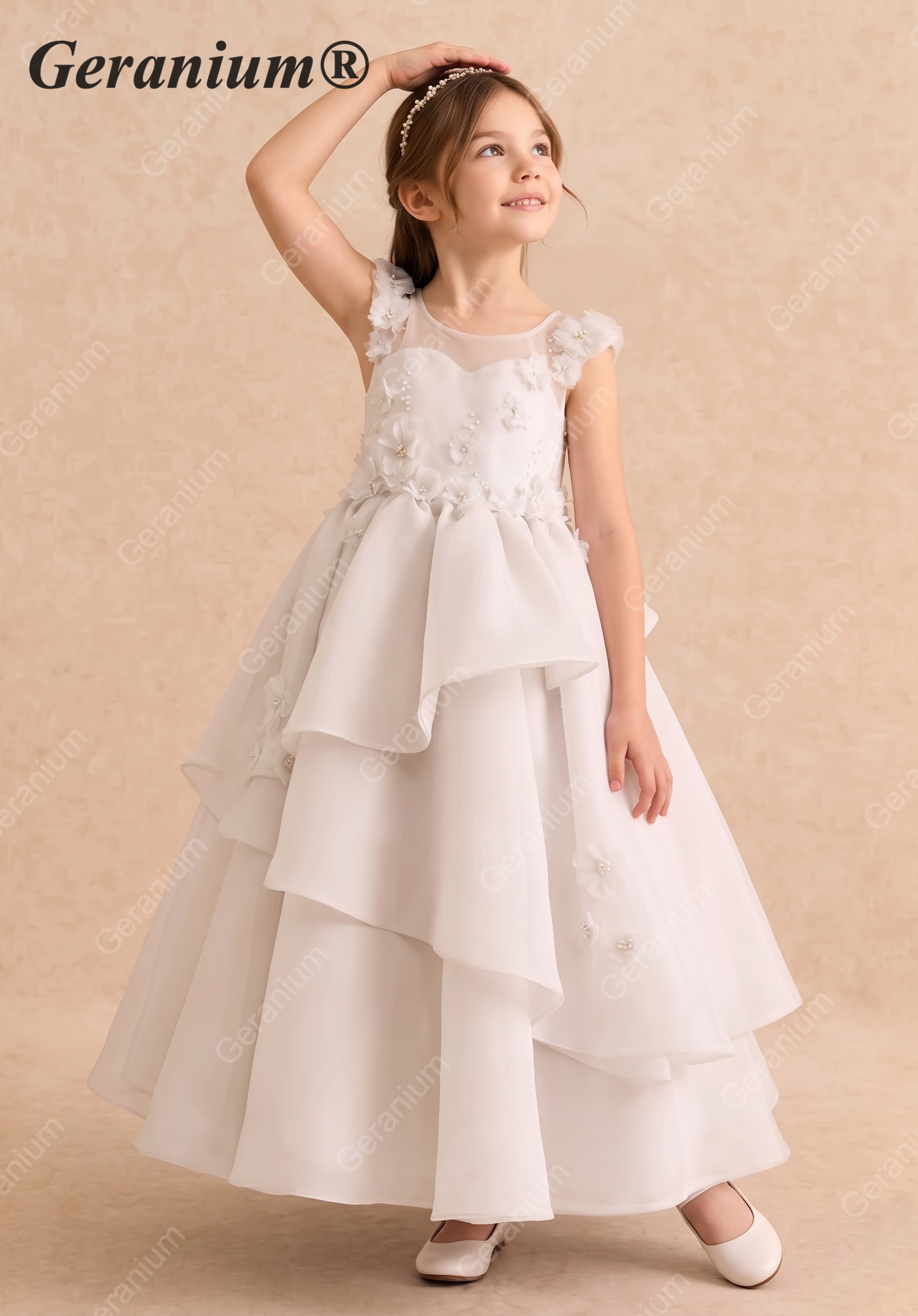 Geranium Luxury 3D Floral Applique Asymmetric Layered Flower Girl Dress with Oversized Back Bow KD-245