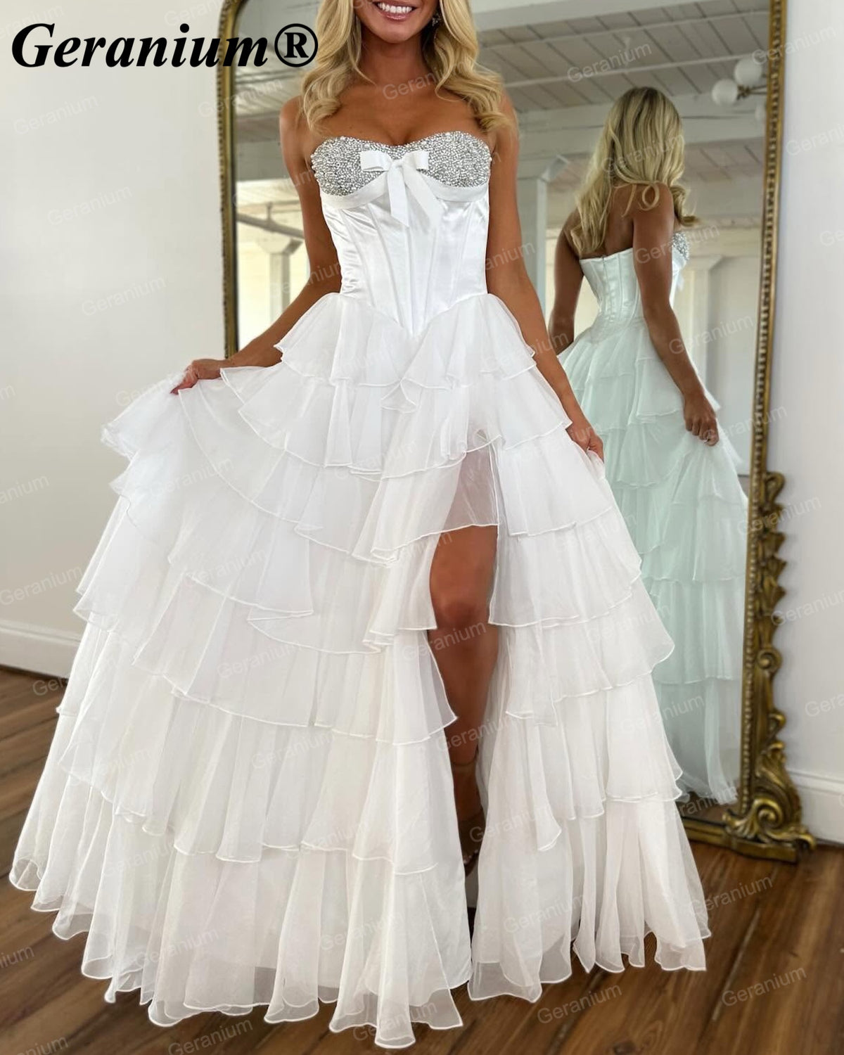 Geranium Rhinestone Strapless High-Low Ball Gown Prom Dress – GER702P