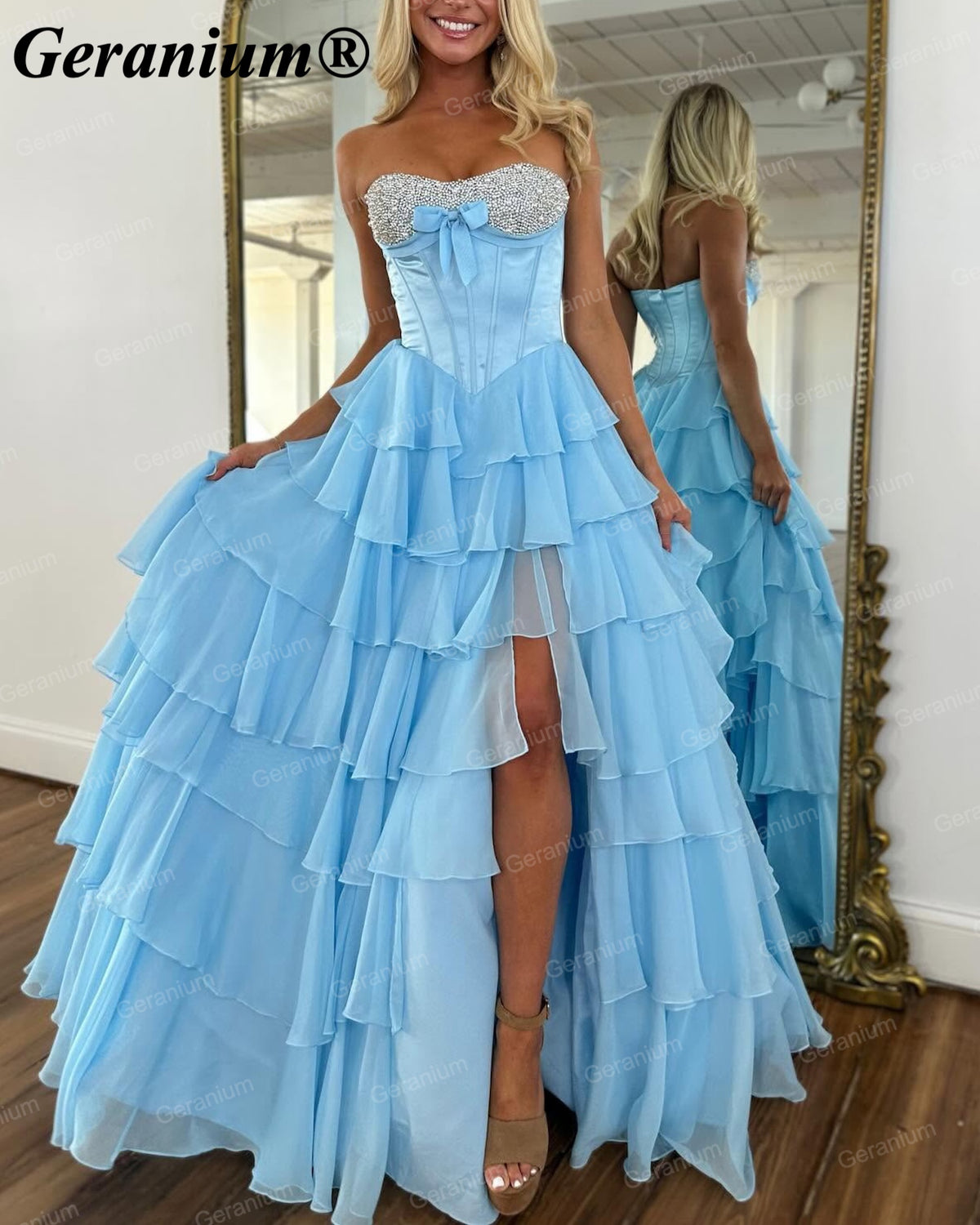 Geranium Rhinestone Strapless High-Low Ball Gown Prom Dress – GER702P