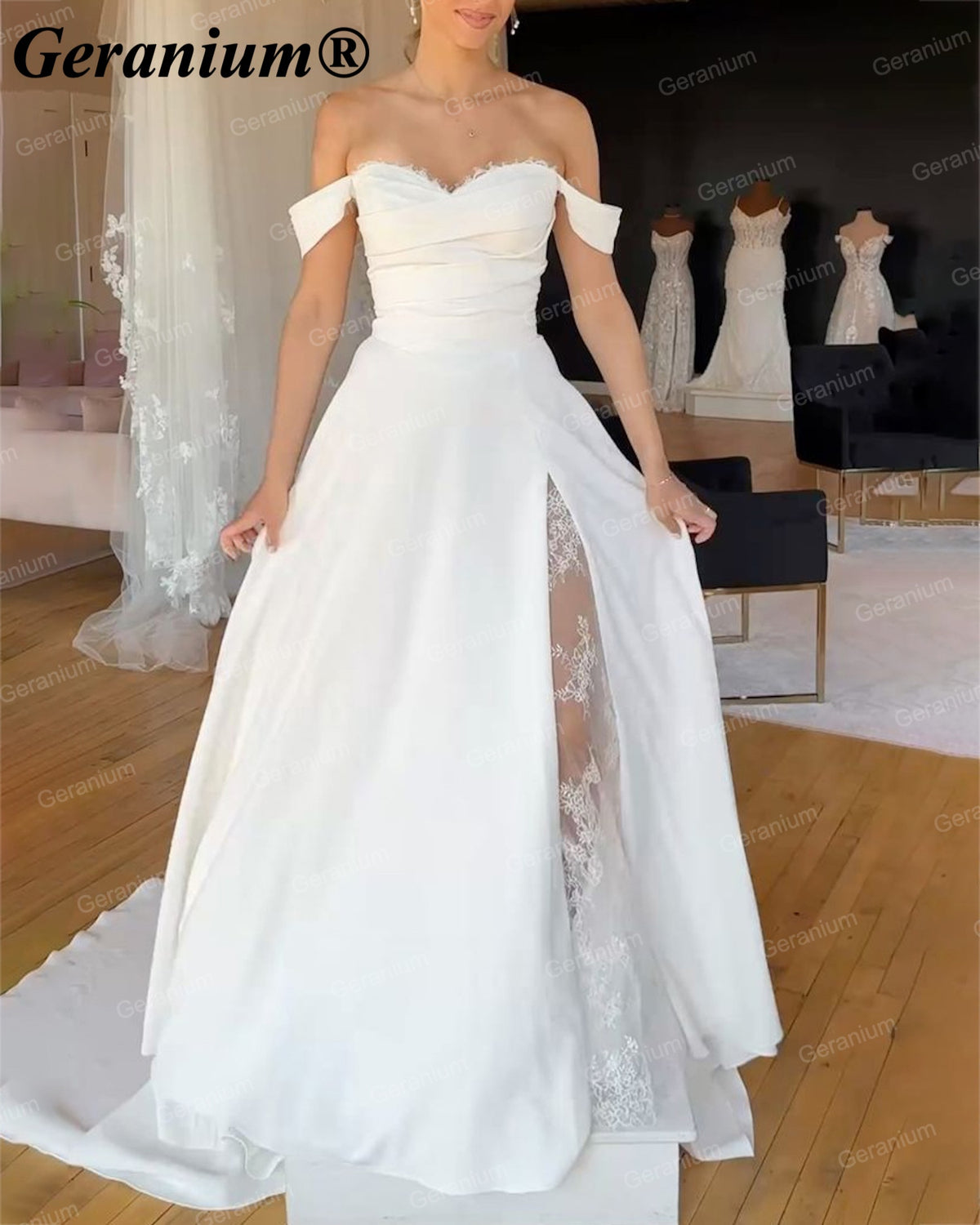 Geranium Off-the-Shoulder Satin A-Line Wedding Dress with Lace Slit – GER125