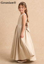 Geranium Elegant Champagne Satin Flower Girl Dress - Backless A-Line Princess Gown with Detachable Bow KD-302