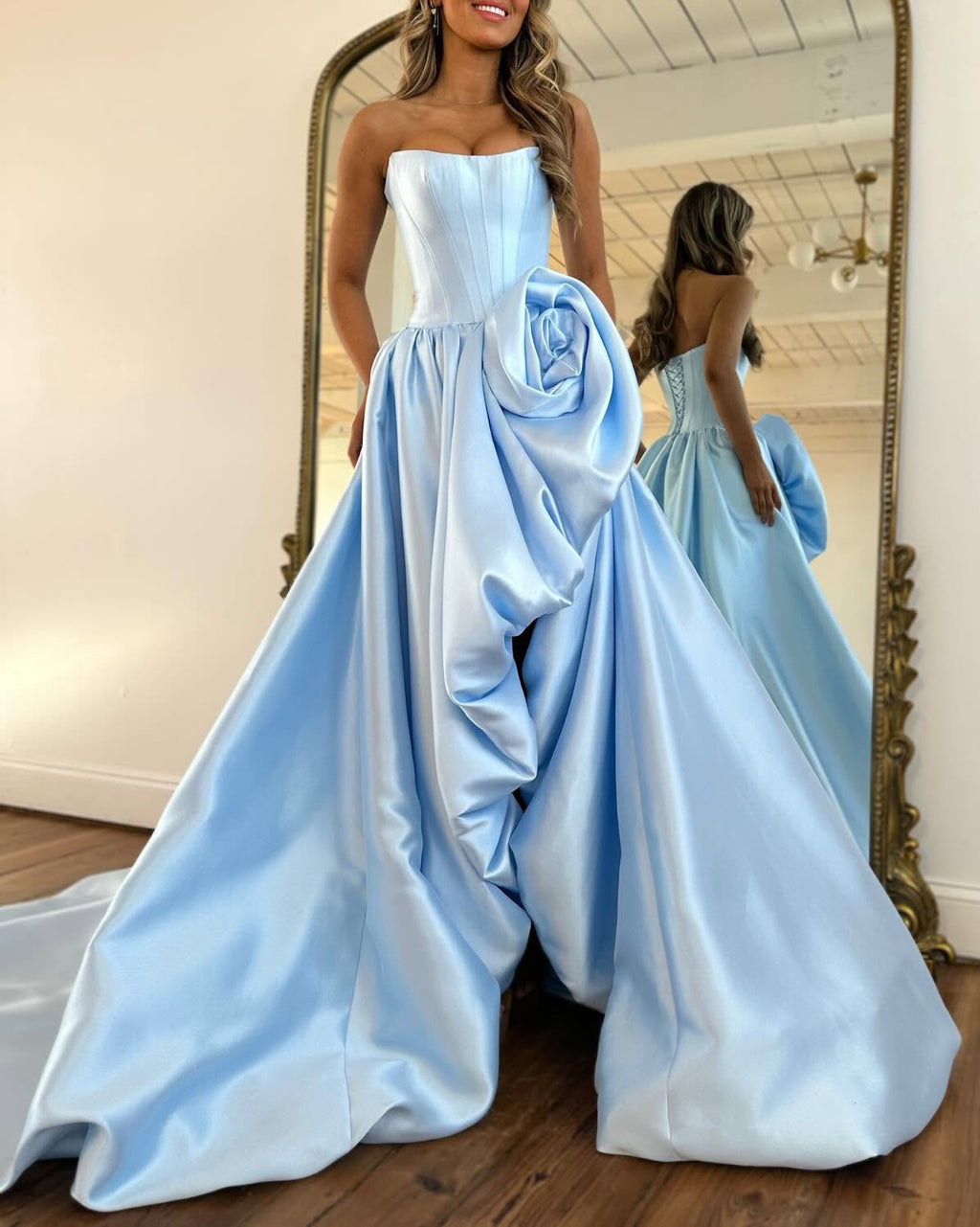 Geranium Strapless Satin Ball Gown Prom Dress with 3D Rose – GER726P