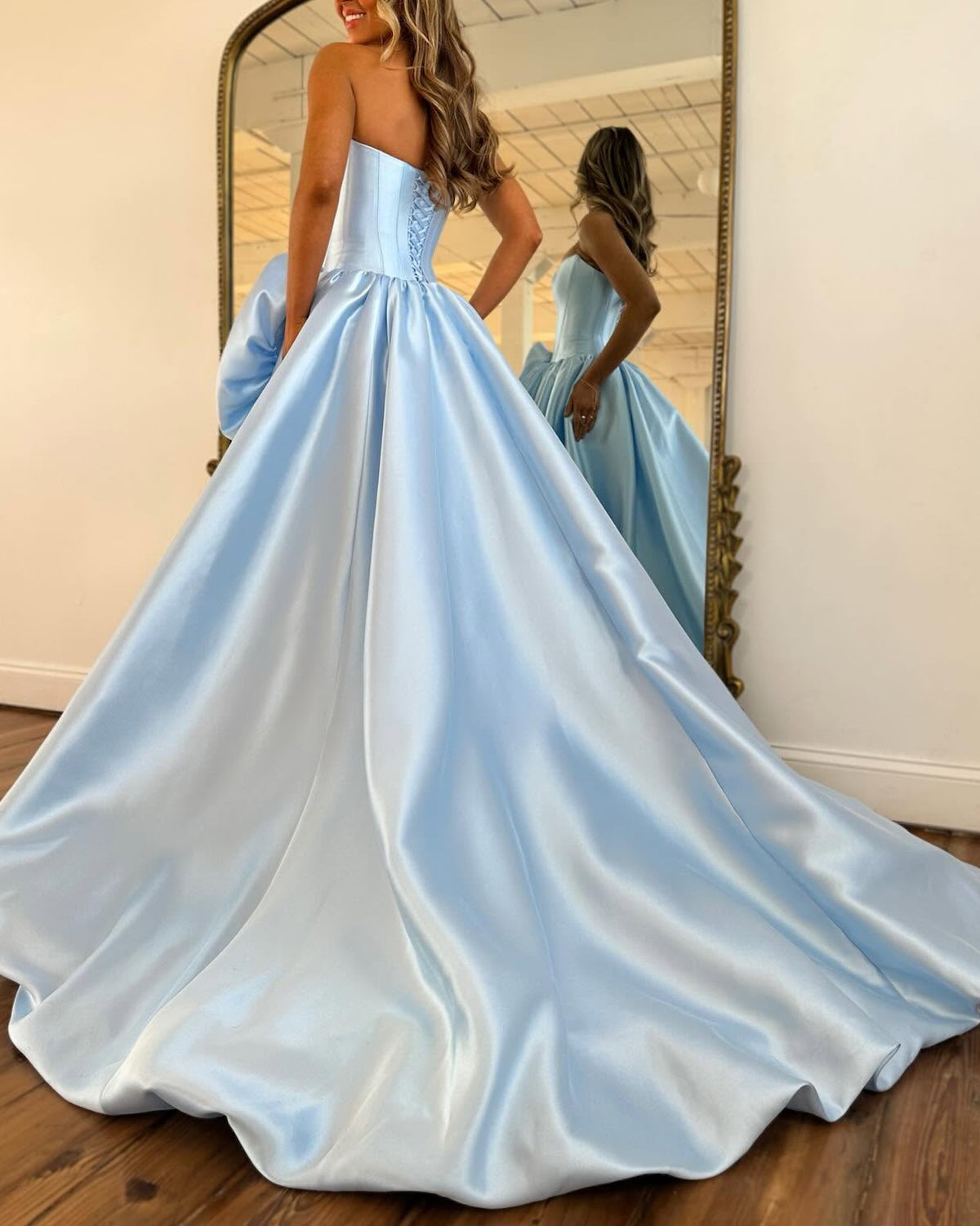 Geranium Strapless Satin Ball Gown Prom Dress with 3D Rose – GER726P