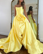 Geranium Strapless Satin Ball Gown Prom Dress with 3D Rose – GER726P