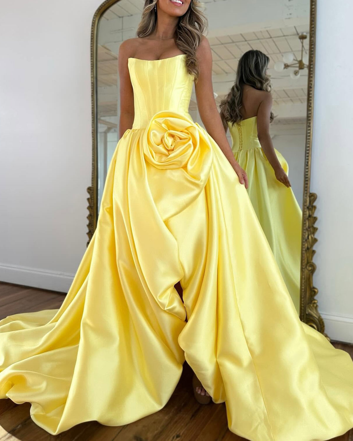 Geranium Strapless Satin Ball Gown Prom Dress with 3D Rose – GER726P