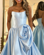 Geranium Strapless Satin Ball Gown Prom Dress with 3D Rose – GER726P