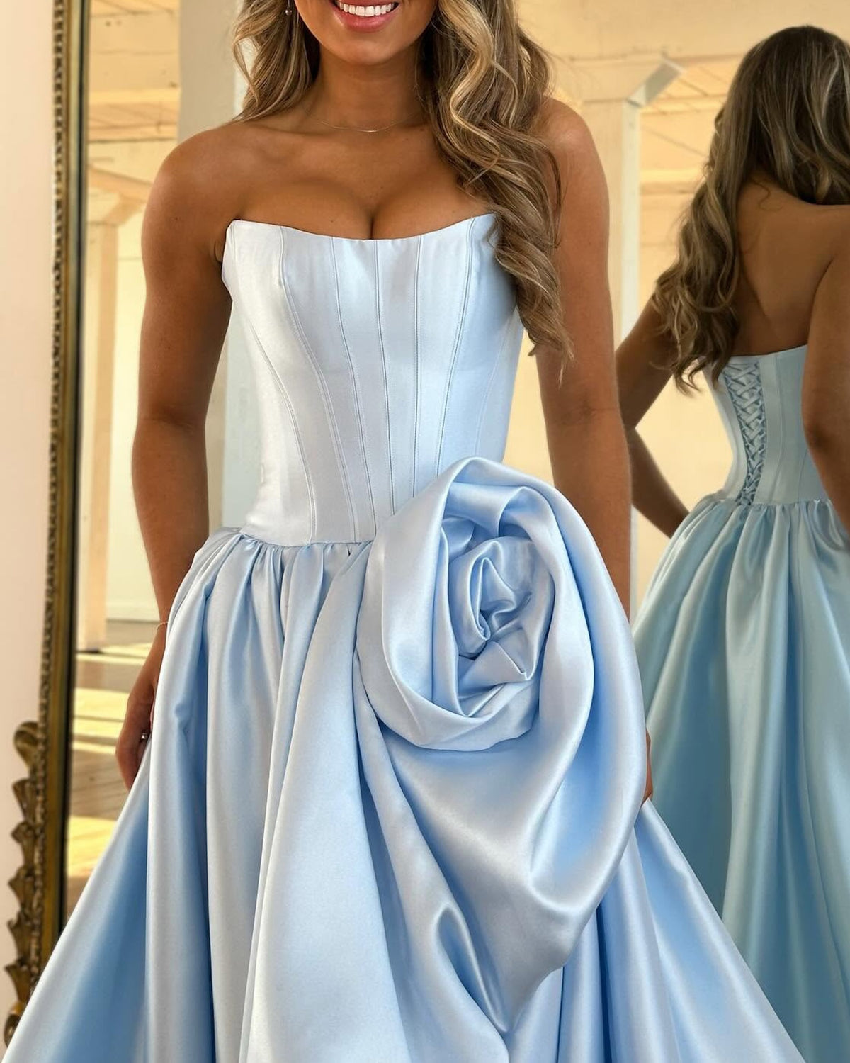 Geranium Strapless Satin Ball Gown Prom Dress with 3D Rose – GER726P