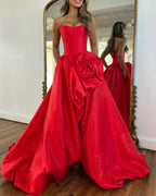 Geranium Strapless Satin Ball Gown Prom Dress with 3D Rose – GER726P