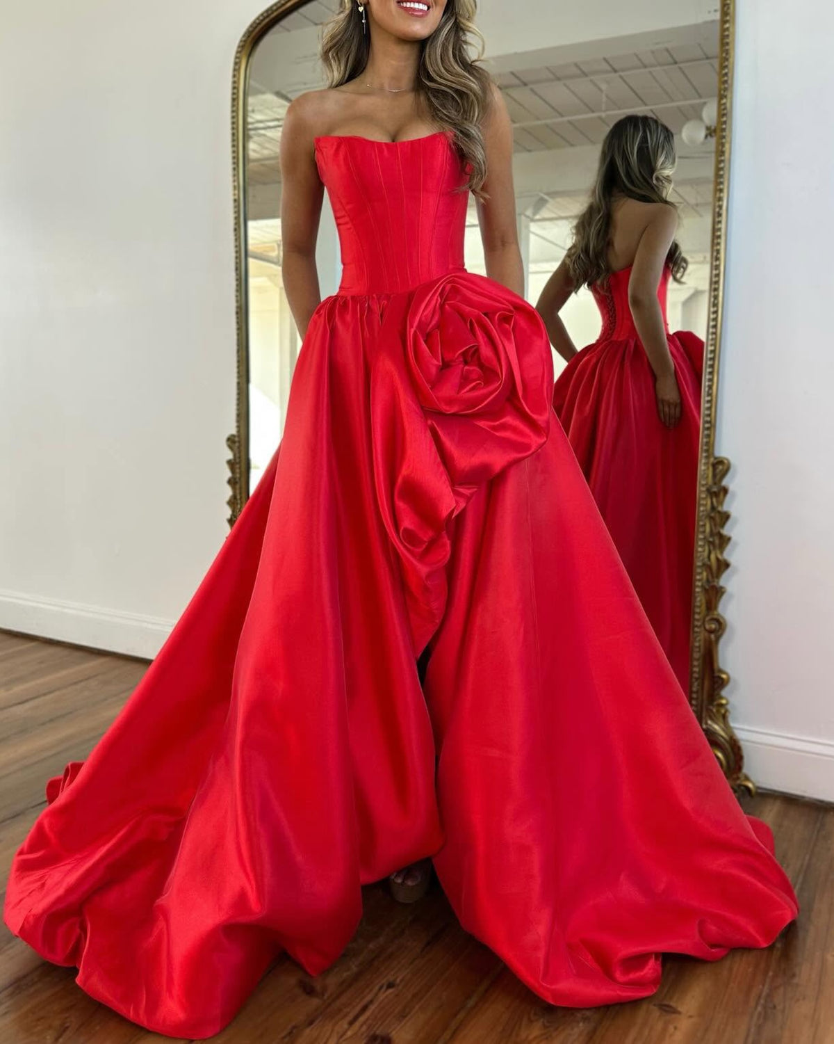 Geranium Strapless Satin Ball Gown Prom Dress with 3D Rose – GER726P