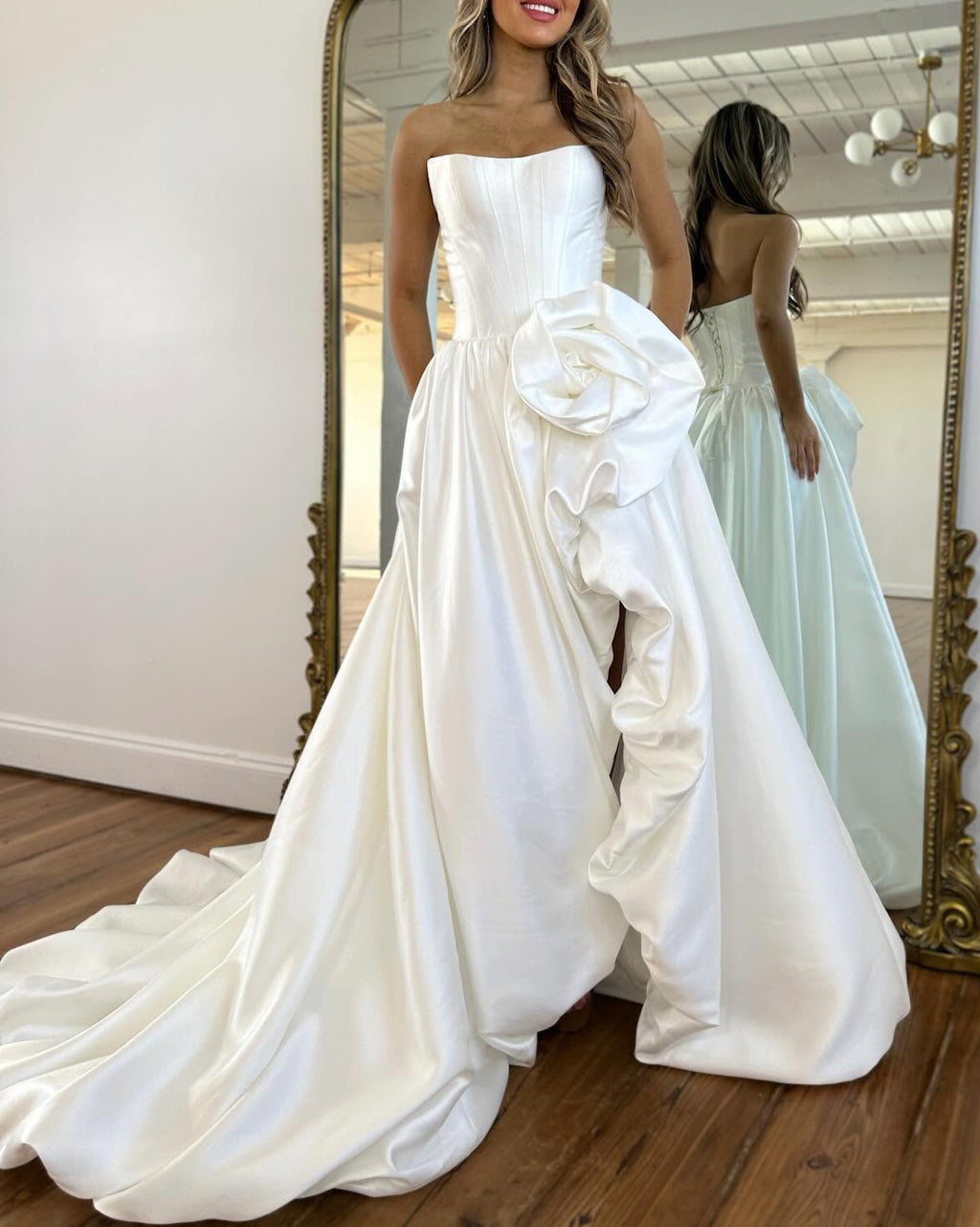 Geranium Strapless Satin Ball Gown Prom Dress with 3D Rose – GER726P