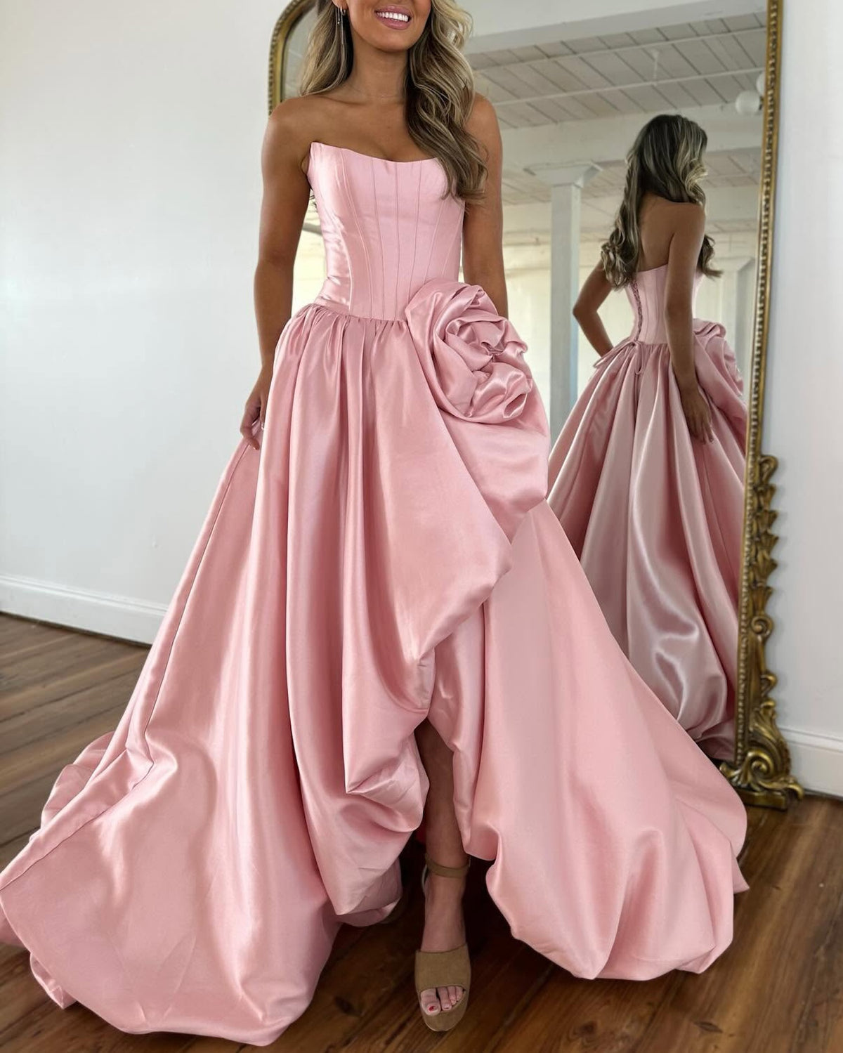 Geranium Strapless Satin Ball Gown Prom Dress with 3D Rose – GER726P