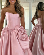 Geranium Strapless Satin Ball Gown Prom Dress with 3D Rose – GER726P