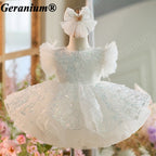 Geranium Sparkling Butterfly Sequined Toddler Formal Dress - Ethereal Feather Sleeve Birthday Gown with Oversized Back Bow KD-362