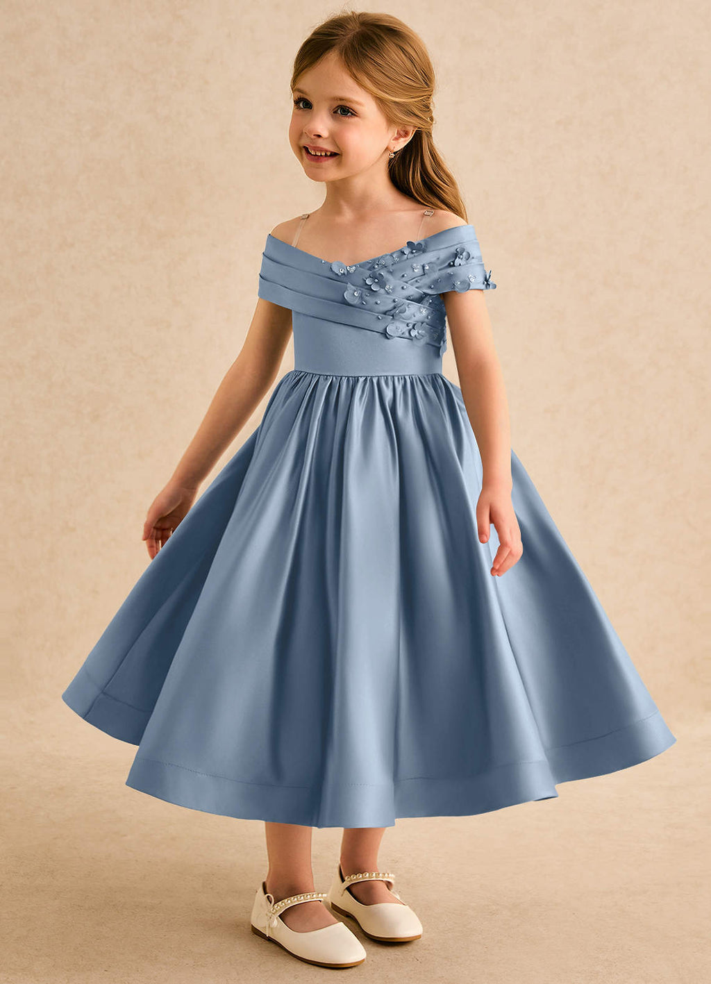 Garanium deedee ball gown off the shoulder matte satin tea length flower girl dress