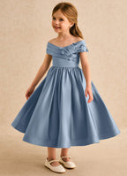 Garanium deedee ball gown off the shoulder matte satin tea length flower girl dress