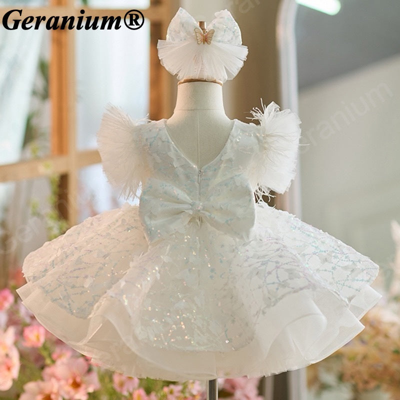 Geranium Sparkling Butterfly Sequined Toddler Formal Dress - Ethereal Feather Sleeve Birthday Gown with Oversized Back Bow KD-362