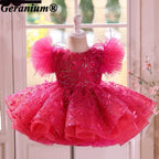 Geranium Sparkling Butterfly Sequined Toddler Formal Dress - Ethereal Feather Sleeve Birthday Gown with Oversized Back Bow KD-362