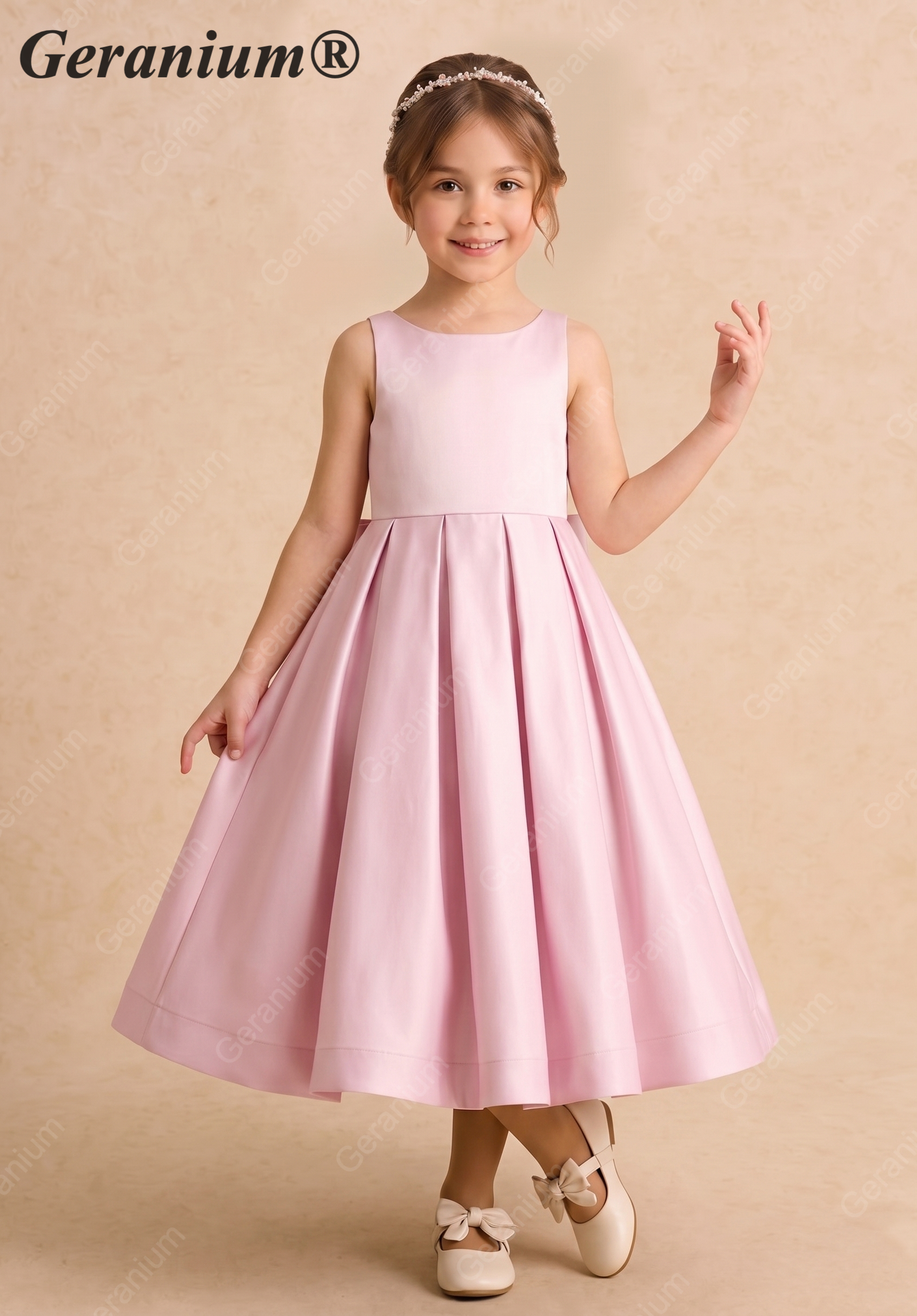 Geranium Elegant Dusty Pink Satin Flower Girl Dress - Backless A-Line Princess Gown with Oversized Bow for Weddings & Birthdays KD-295 Main image