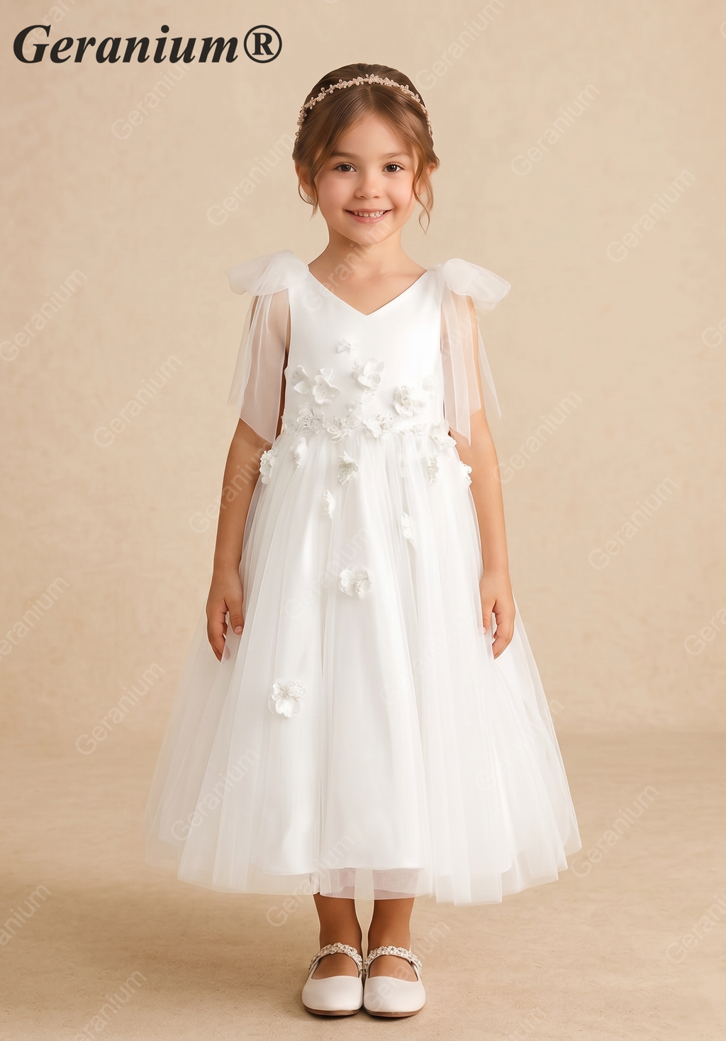 Geranium Elegant White 3D Floral Flower Girl Dress - Fairy Tulle Bow Shoulder V-Neck Princess Gown for Weddings & Parties KD-227