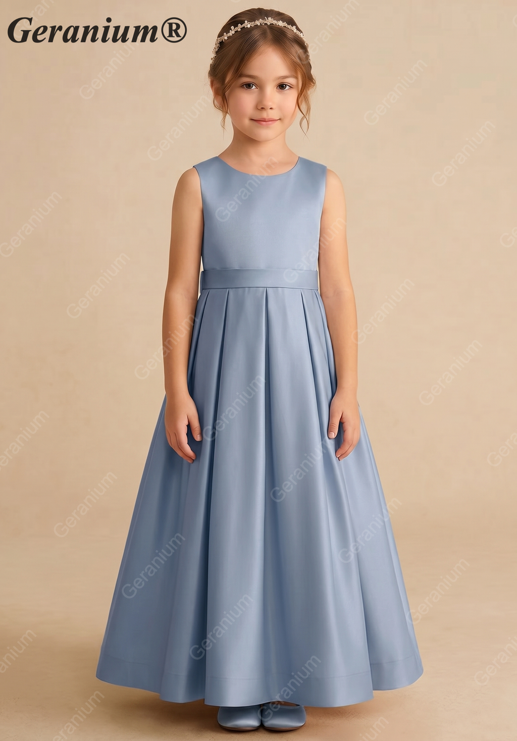 Geranium Elegant Dusty Blue Satin Flower Girl Dress with Oversized Back Bow - Pleated A-Line Junior Bridesmaid Gown KD-270