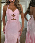 Geranium Rhinestone Halter Mermaid Prom Dress with Cutouts – GER727P