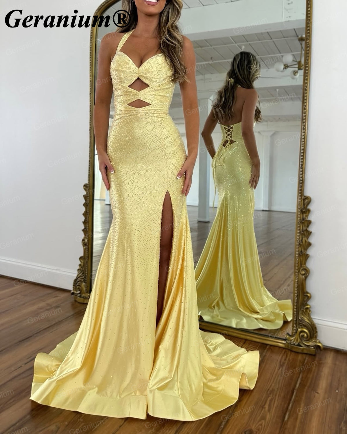Geranium Rhinestone Halter Mermaid Prom Dress with Cutouts – GER727P