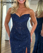 Geranium Strapless Lace Corset Mermaid Prom Dress with Slit – GER725P