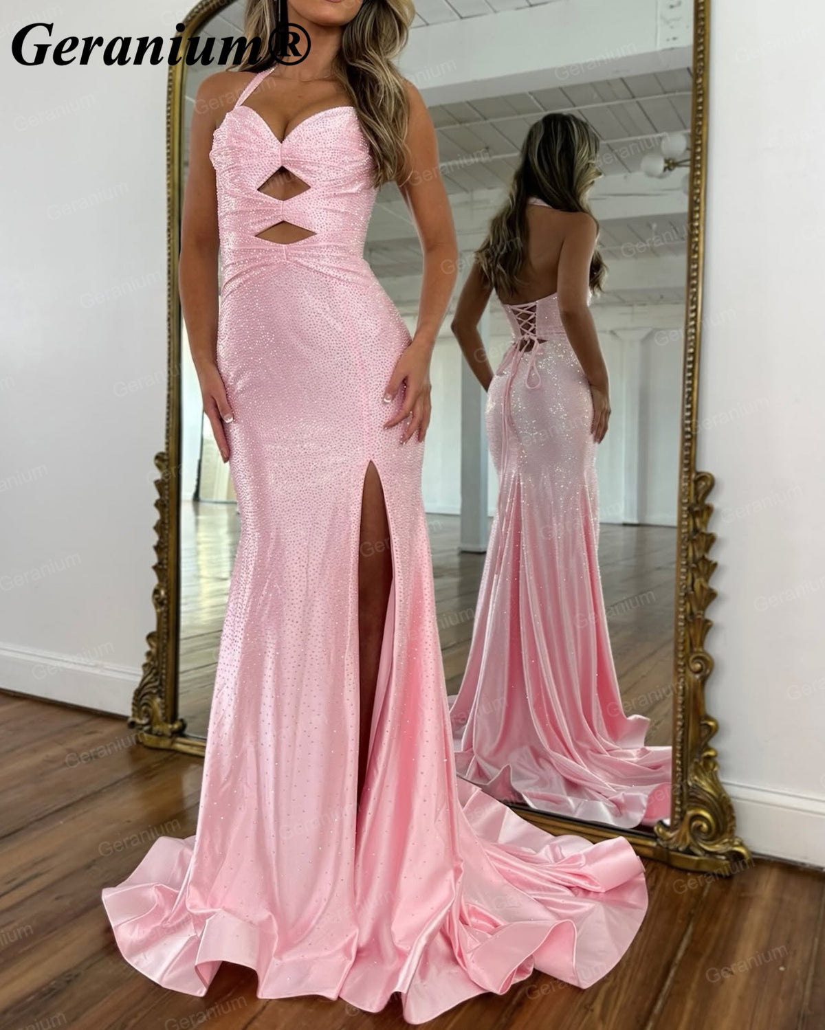 Geranium Rhinestone Halter Mermaid Prom Dress with Cutouts – GER727P