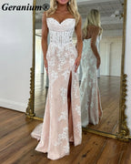 Geranium Strapless Lace Corset Mermaid Prom Dress with Slit – GER725P