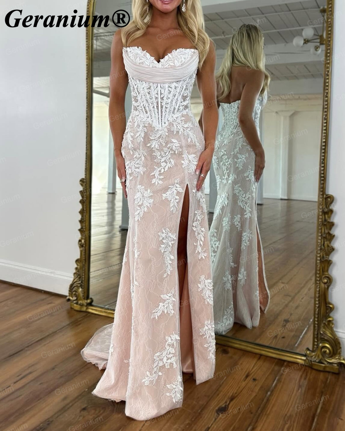 Geranium Strapless Lace Corset Mermaid Prom Dress with Slit – GER725P