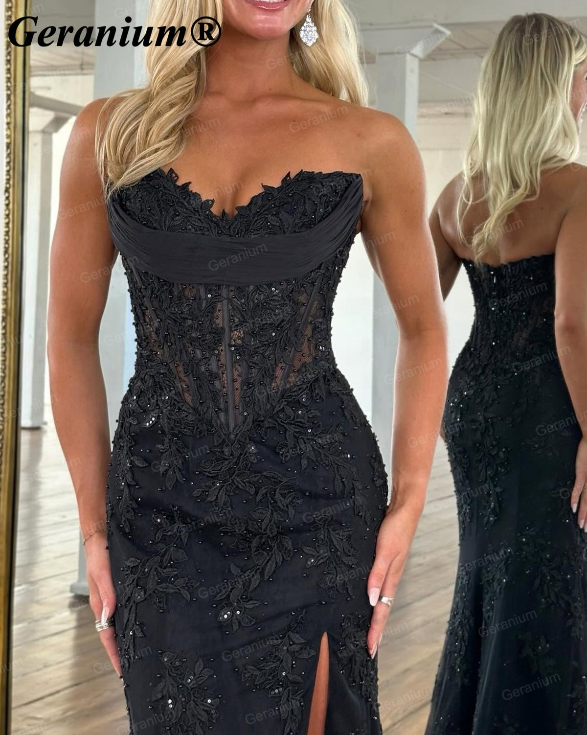 Geranium Strapless Lace Corset Mermaid Prom Dress with Slit – GER725P
