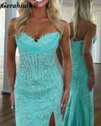 Geranium Strapless Lace Corset Mermaid Prom Dress with Slit – GER725P