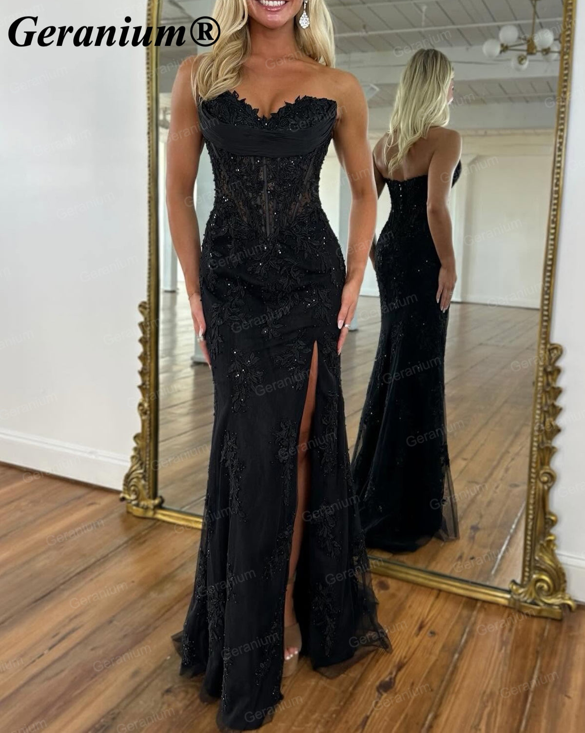 Geranium Strapless Lace Corset Mermaid Prom Dress with Slit – GER725P