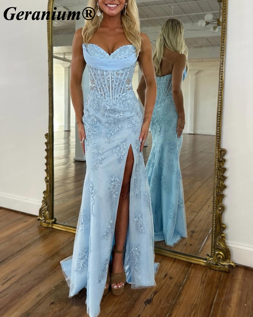 Geranium Strapless Lace Corset Mermaid Prom Dress with Slit – GER725P