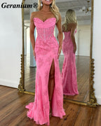 Geranium Strapless Lace Corset Mermaid Prom Dress with Slit – GER725P