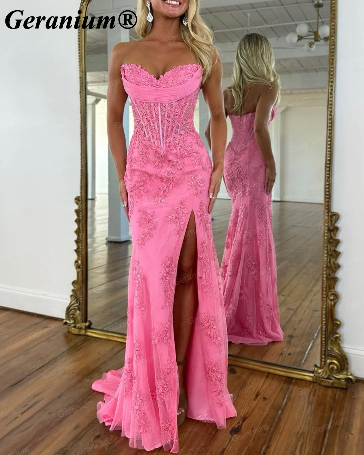 Geranium Strapless Lace Corset Mermaid Prom Dress with Slit – GER725P