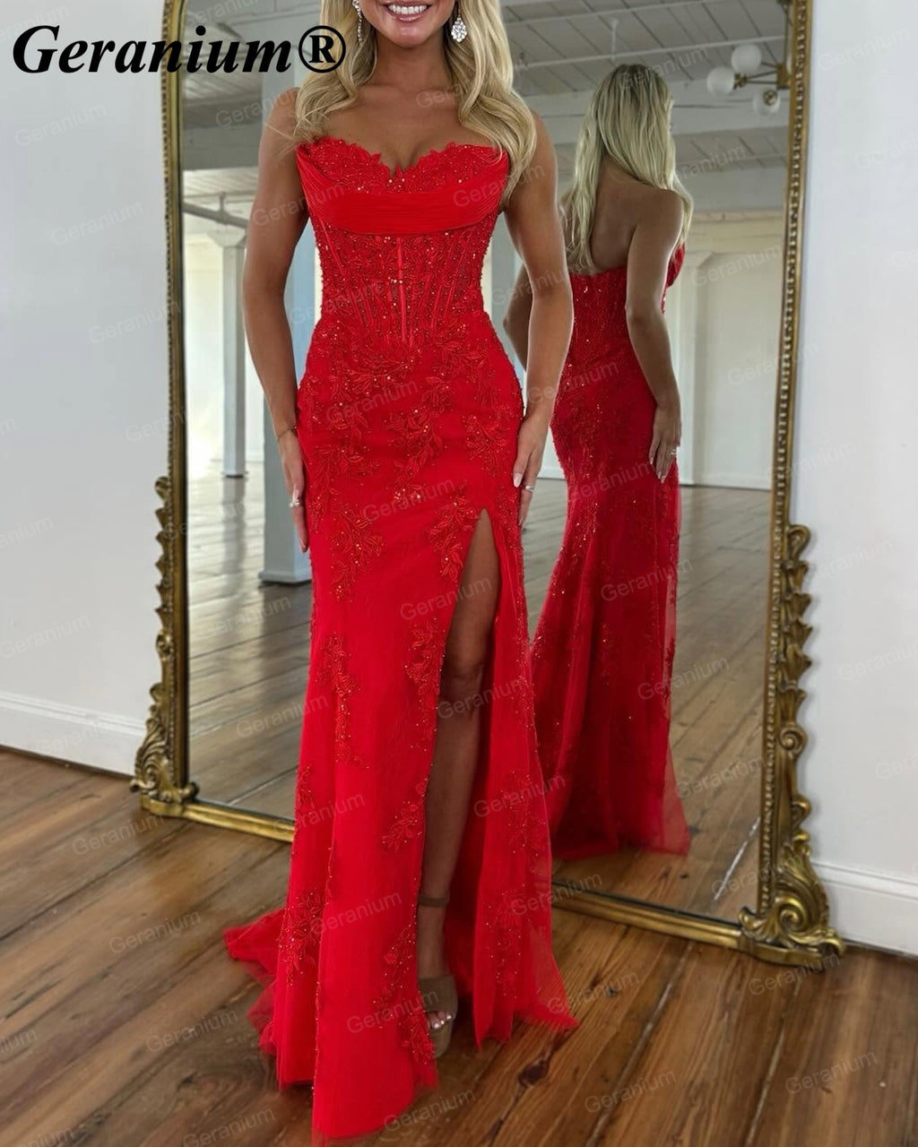 Geranium Strapless Lace Corset Mermaid Prom Dress with Slit – GER725P