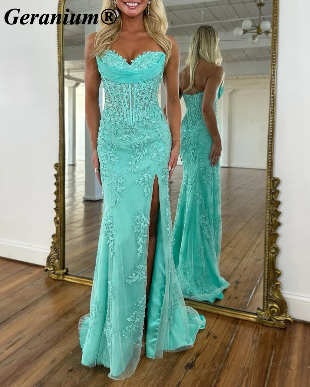Geranium Strapless Lace Corset Mermaid Prom Dress with Slit – GER725P