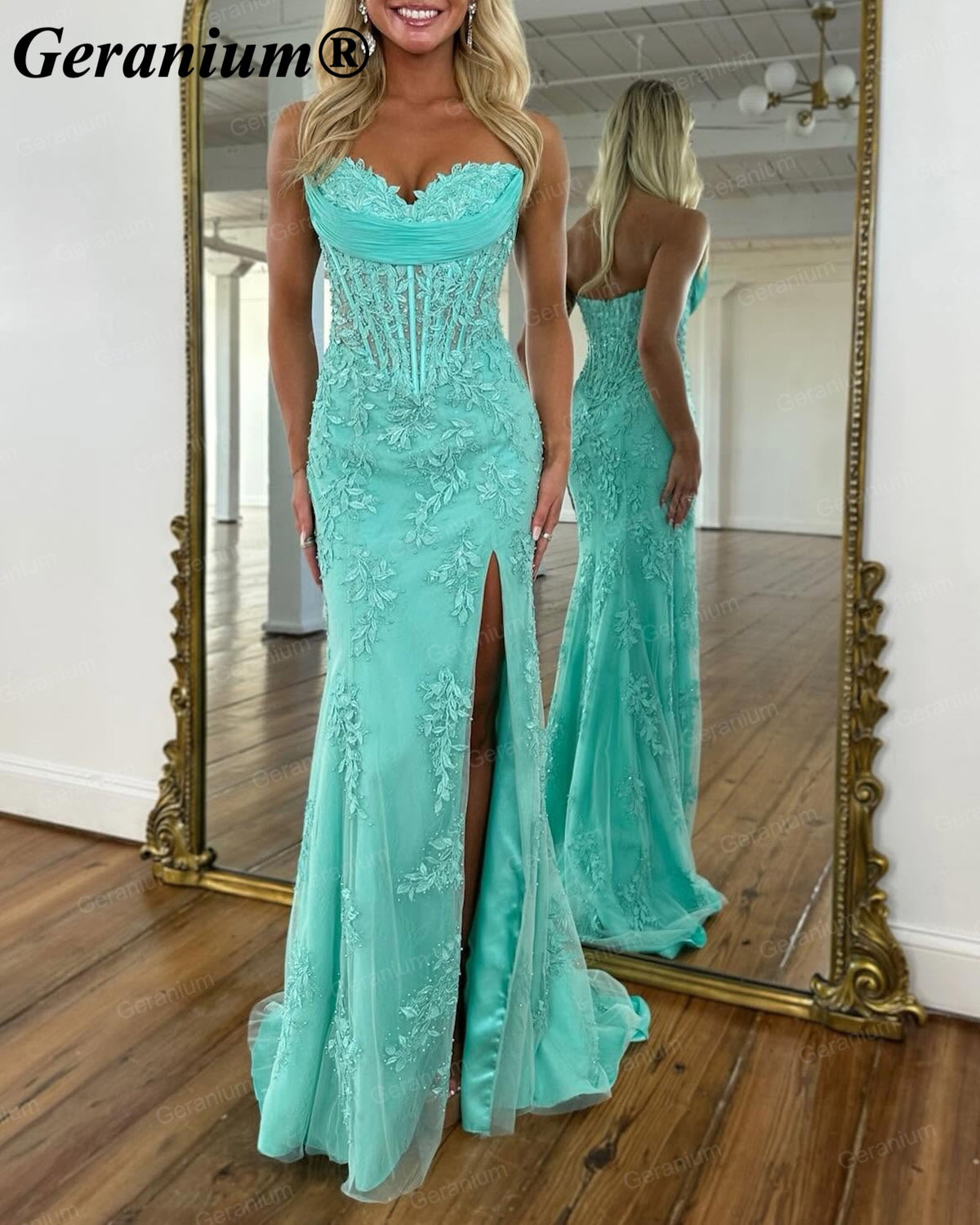 Geranium Strapless Lace Corset Mermaid Prom Dress with Slit – GER725P