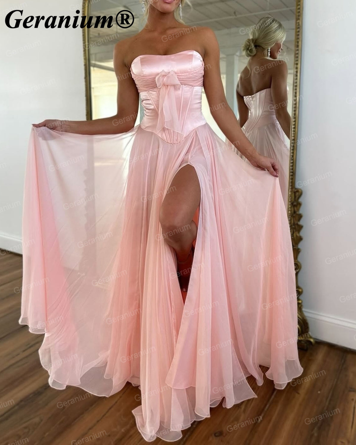 Geranium Strapless Bow Chiffon A-Line Prom Dress with Slit – GER718P