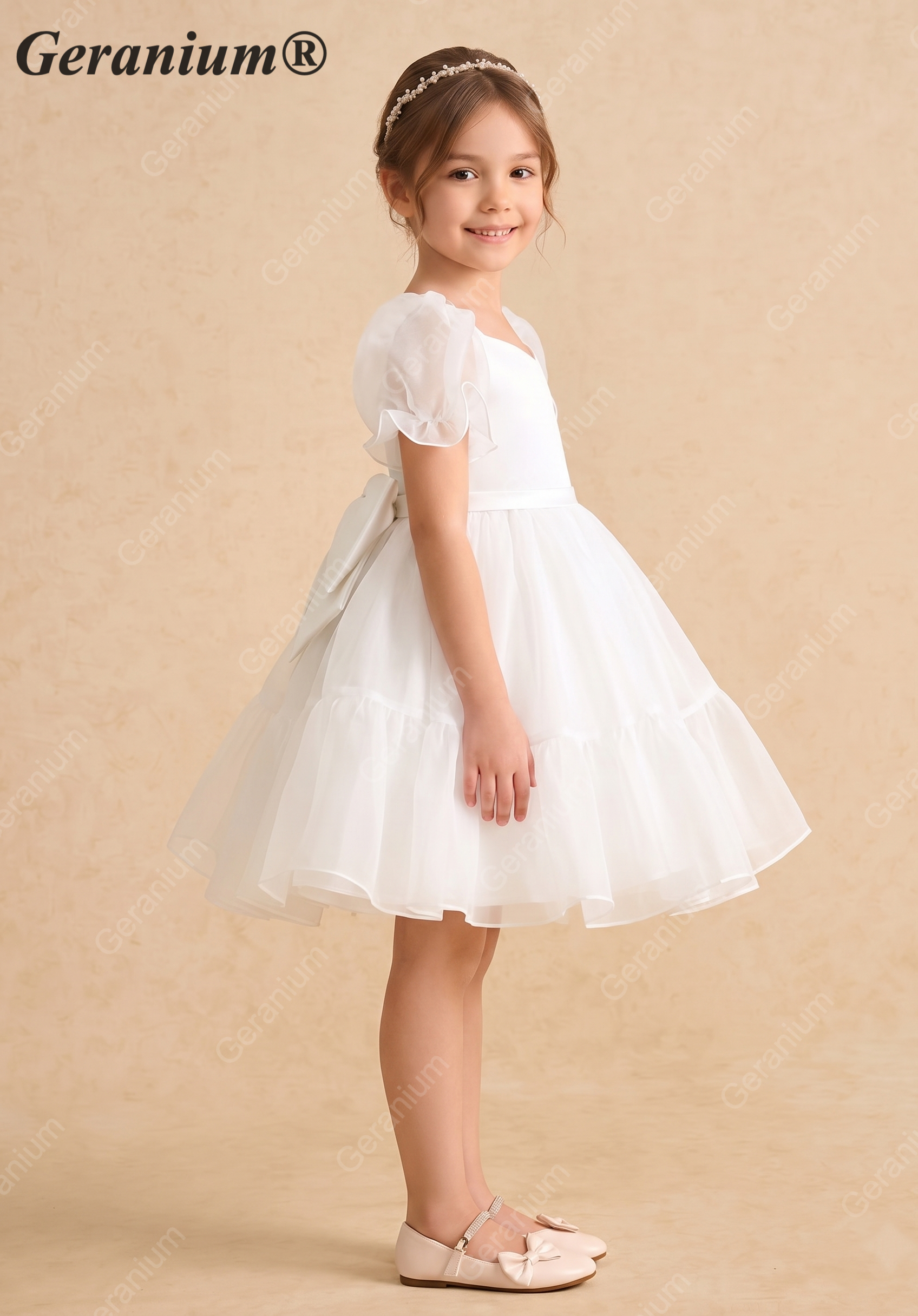 Geranium Heart Back Puff Sleeve Flower Girl Dress - Elegant Tulle Princess Party Gown KD-294