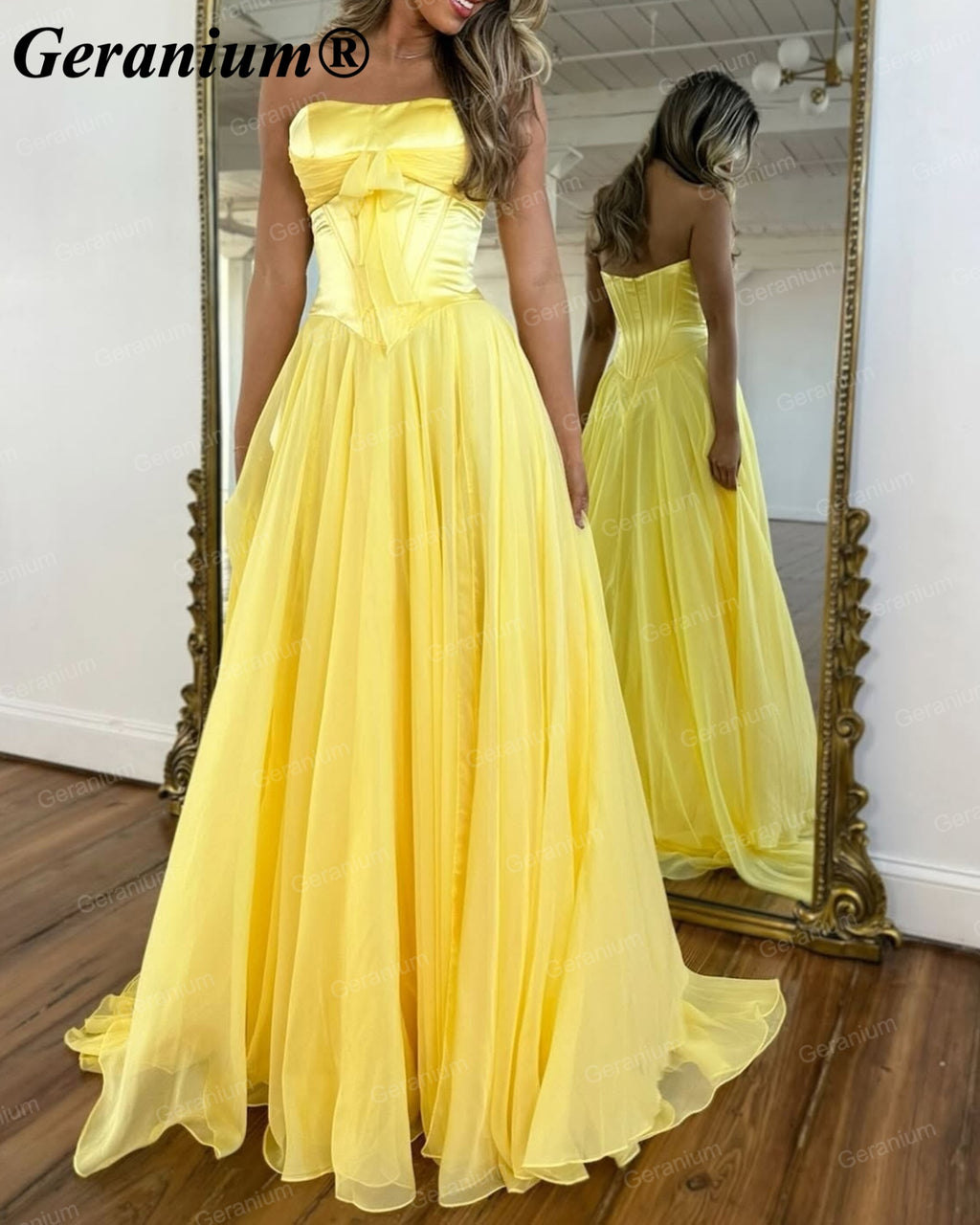 Geranium Strapless Bow Chiffon A-Line Prom Dress with Slit – GER718P