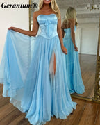 Geranium Strapless Bow Chiffon A-Line Prom Dress with Slit – GER718P