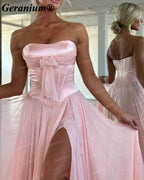 Geranium Strapless Bow Chiffon A-Line Prom Dress with Slit – GER718P