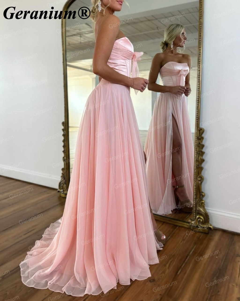 Geranium Strapless Bow Chiffon A-Line Prom Dress with Slit – GER718P